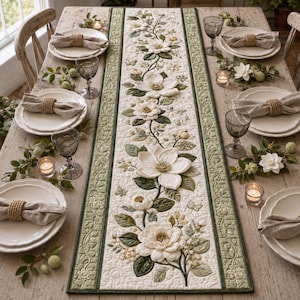 Puede incluir: Un camino de mesa rectangular con un panel central color crema que presenta flores de magnolia blancas tridimensionales y hojas verdes, bordeado por tela verde salvia con un intrincado bordado floral, sobre una mesa de comedor de madera.