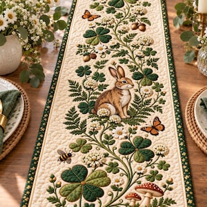 May include: A rectangular quilted table runner featuring a cream-colored background with a dark green border. The design includes a central brown rabbit surrounded by green clover leaves, white flowers, orange butterflies, a bee, and mushrooms.
