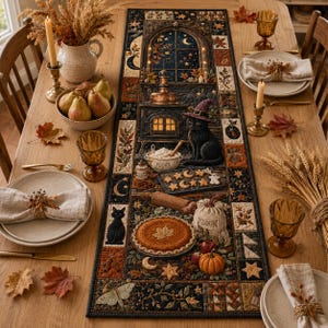 May include: A rectangular fabric table runner featuring a detailed autumn-themed patchwork design with a black cat, a wood stove, a pumpkin pie, and celestial motifs. The runner is decorated with fall leaves, stars, and moons in shades of orange, brown, and deep blue, creating a seasonal display for a dining table.