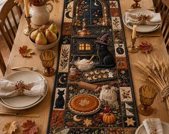 Quilted Witch Cat Kitchen Table Runner, Fall Decor