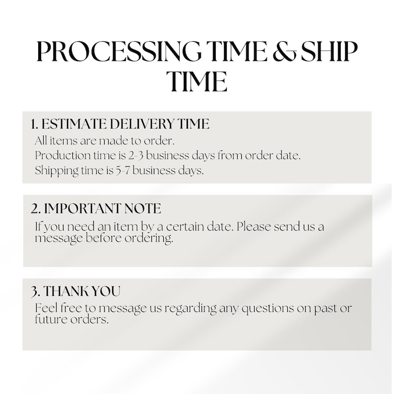Puede incluir: Un gr&aacute;fico con el texto "PROCESSING TIME & SHIP TIME". Incluye informaci&oacute;n sobre el tiempo estimado de entrega, el tiempo de producci&oacute;n y el tiempo de env&iacute;o. Tambi&eacute;n incluye una nota sobre la necesidad de un art&iacute;culo en una fecha determinada y un mensaje de agradecimiento.