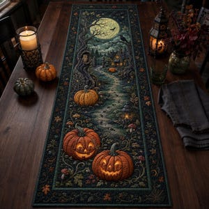 May include: A rectangular table runner featuring a detailed Halloween-themed illustration of a moonlit forest path, a house, and glowing jack-o'-lanterns. The design includes dark trees, an owl, bats, and autumn leaves in shades of orange and green.