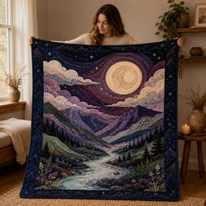 May include: A rectangular quilt featuring a landscape scene with a large full moon, purple and blue mountain ranges, a winding river, and evergreen trees. The border is dark blue with gold embroidered stars and mountain outlines.