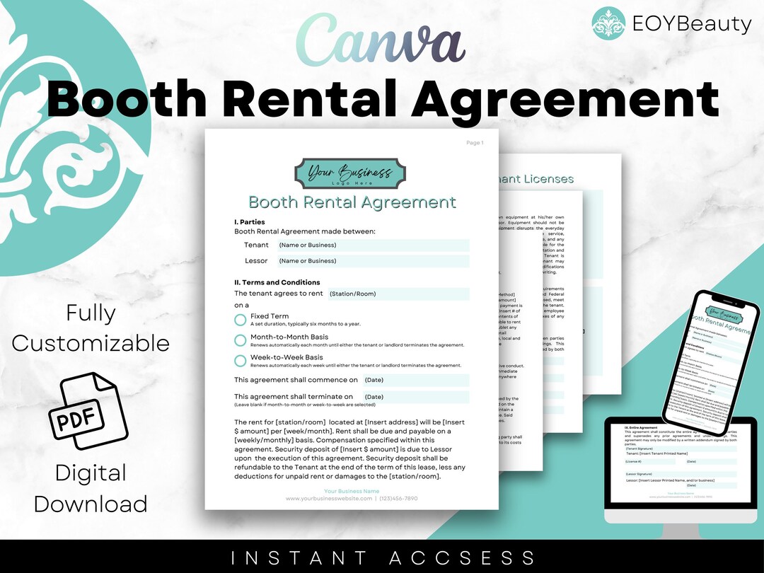 Professional Salon Booth Rental Agreement, Canva Booth Rental Contract
