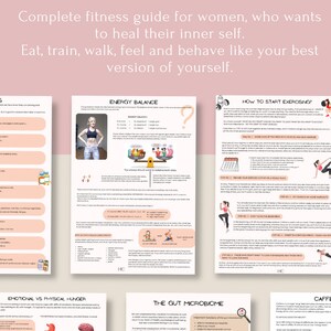May include: A fitness guide for women with tips on energy balance, emotional vs. physical hunger, the gut microbiome, and caffeine. The guide features illustrations of a woman exercising, a scale, a brain, a gut, and a coffee cup.