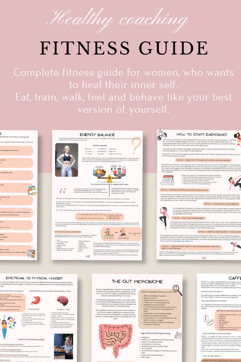 May include: A fitness guide for women with tips on energy balance, emotional vs. physical hunger, the gut microbiome, and caffeine. The guide features illustrations of a woman exercising, a scale, a brain, a gut, and a coffee cup.