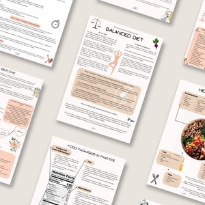 May include: A collection of colorful printable worksheets with tips and advice on healthy eating, exercise, and self-love. The worksheets feature illustrations of food, exercise equipment, and a scale. The text includes phrases like "Balanced Diet", "How to Start Exercising", and "Self-Love".