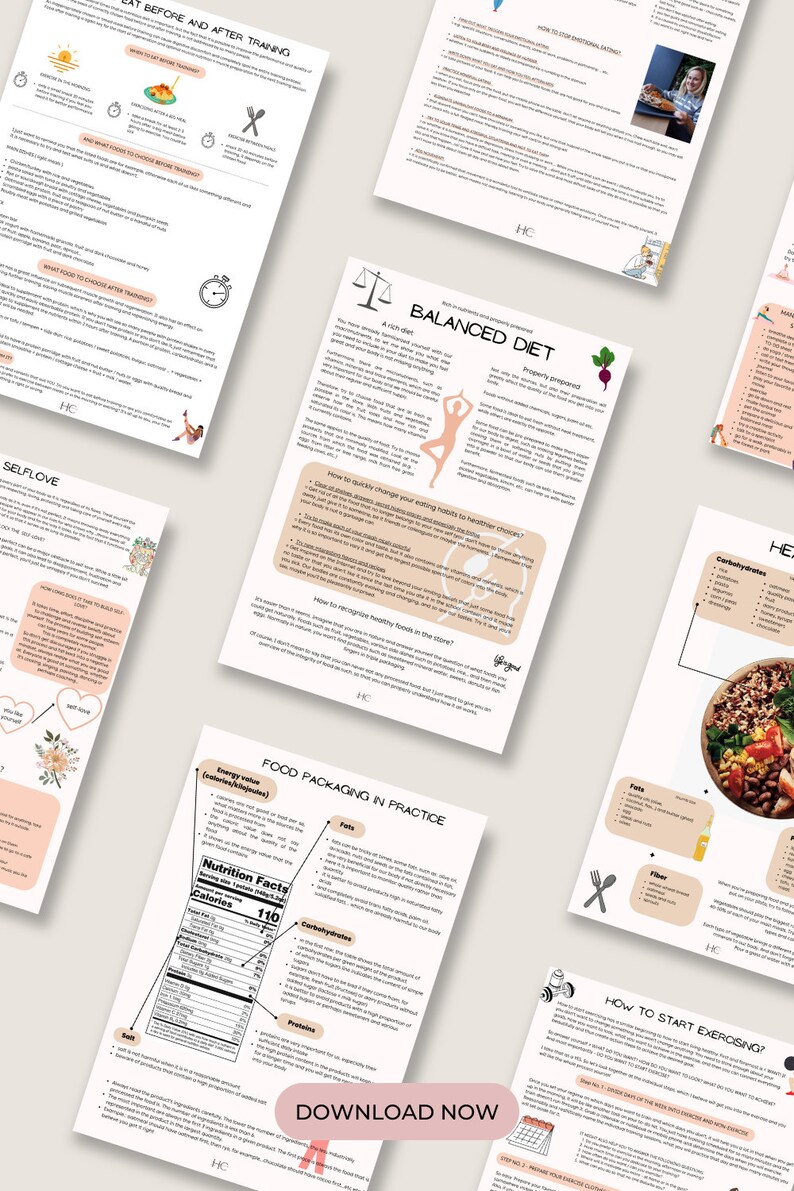 May include: A collection of colorful printable worksheets with tips and advice on healthy eating, exercise, and self-love. The worksheets feature illustrations of food, exercise equipment, and a scale. The text includes phrases like "Balanced Diet", "How to Start Exercising", and "Self-Love".