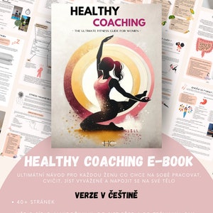 Pode incluir: Uma capa de e-book rosa e branca com o título "Healthy Coaching E-Book" e o subtítulo "O Guia Definitivo de Fitness para Mulheres". A capa apresenta a silhueta de uma mulher em uma pose de yoga.