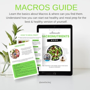 Pode incluir: Um guia digital para entender os macronutrientes, com um design verde e branco. O guia inclui informações sobre como preparar as refeições, planejar as refeições e fazer compras de mantimentos. O texto "Bem-vindo ao guia definitivo de macronutrientes" é apresentado no guia.
