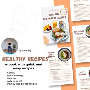Puede incluir: Una portada de libro electr&oacute;nico digital con un gorro de cocinero, una mujer haciendo ejercicio y un collage de recetas saludables para el desayuno. El libro electr&oacute;nico se titula "Recetas saludables" y describe las recetas como "r&aacute;pidas y f&aacute;ciles".