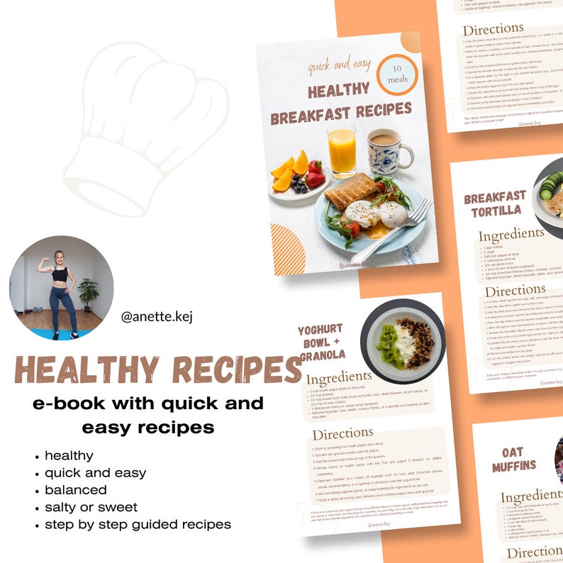 Puede incluir: Una portada de libro electr&oacute;nico digital con un gorro de cocinero, una mujer haciendo ejercicio y un collage de recetas saludables para el desayuno. El libro electr&oacute;nico se titula "Recetas saludables" y describe las recetas como "r&aacute;pidas y f&aacute;ciles".