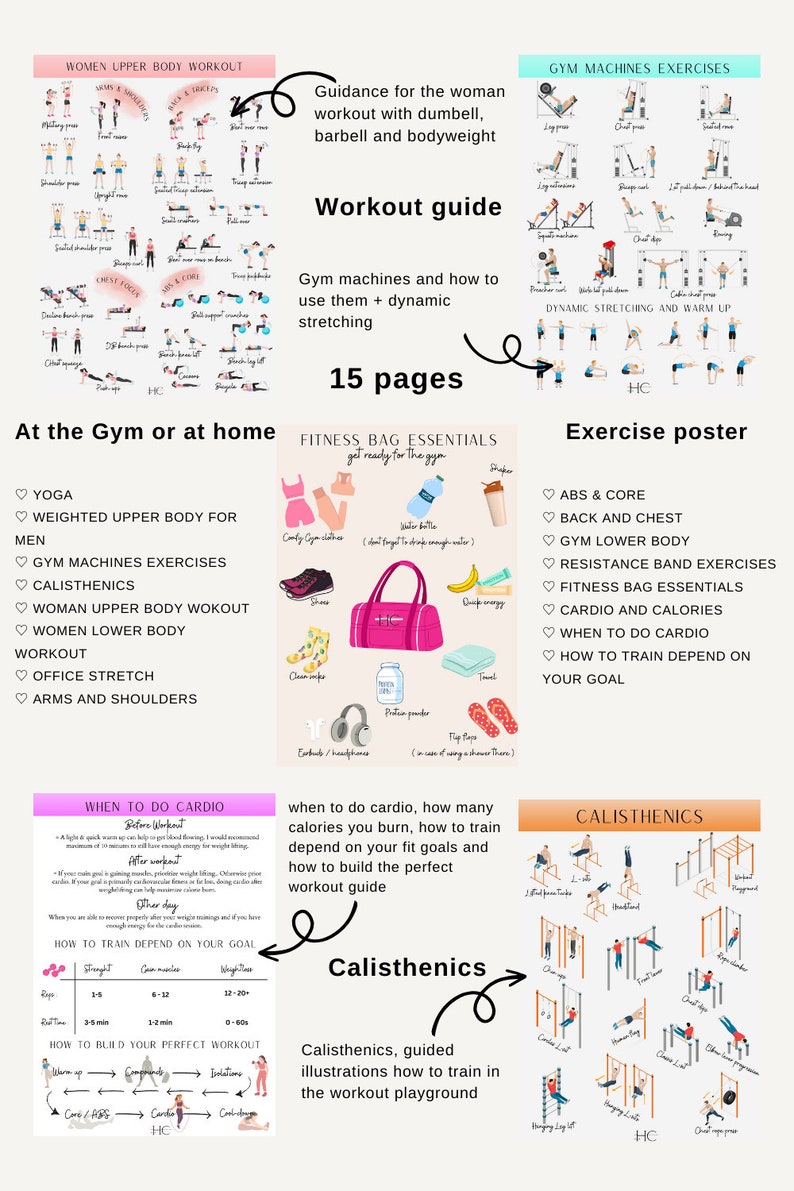 Fitness Guide / Gym / Workout plan routine / Printable Workout exercise poster / Gym edition / Machines / Dumbell / Barbel / Calisthenics zdjęcie 6