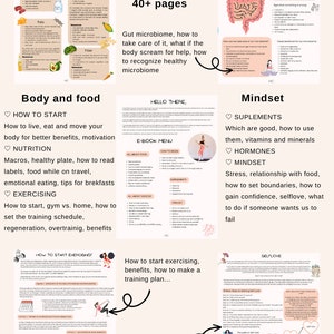 May include: A colorful infographic with text and illustrations about nutrition, gut health, exercise, and mindset. The infographic includes sections on macronutrients, how to start exercising, how to take care of your gut microbiome, and how to develop a healthy mindset.