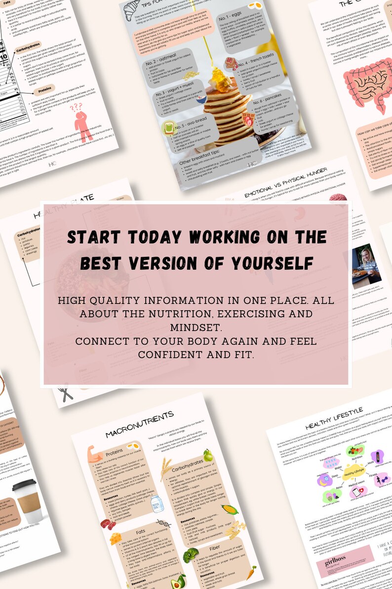 May include: A pink and white motivational poster with the text "Start today working on the best version of yourself."  The poster also includes information about nutrition, exercise, and mindset.