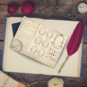 May include: A vintage-style character sheet for a role-playing game. The sheet is printed on aged paper with a brown background and black text. It includes sections for race, alignment, level, status, and a grid of symbols.