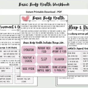 Puede incluir: Una hoja de trabajo imprimible con texto rosa y blanco sobre un fondo rosa claro. La hoja de trabajo se titula "Basic Body Health Workbook" e incluye secciones sobre movimiento y ejercicio, sueño y relajación, y salud corporal básica. La hoja de trabajo incluye consejos para mejorar el sueño, la hidratación, la nutrición y el movimiento.
