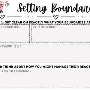 May include: A printable worksheet titled "Setting Boundaries" with a pink heart graphic and the text "Self Care Check Up for Mamas". The worksheet is divided into two sections: "Step 1: Get Clear on Exactly What Your Boundaries Are" and "Step 2: Think About How You Might Manage Their Reactions".