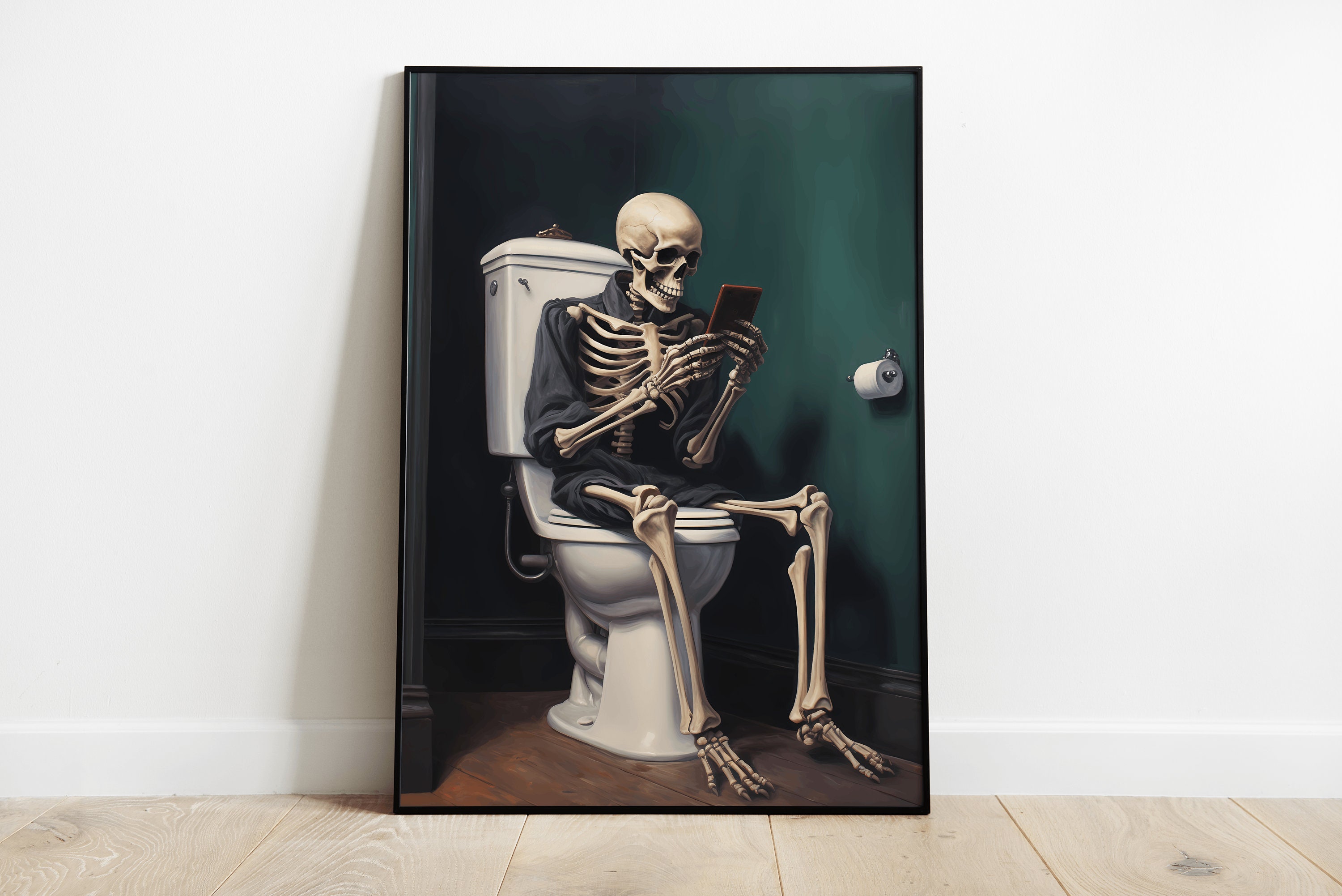 Poster of a woman skeleton sitting on toilet reading newspaper on door of  women's bathroom. Rush City Minnesota MN USA Stock Photo - Alamy