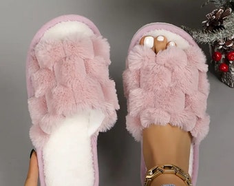 Zapatillas de casa mullidas con punta abierta, zapatos planos con suela suave de felpa de panal, zapatillas de piso interior para mujer, talla 10,5-11, color rosa NUEVO