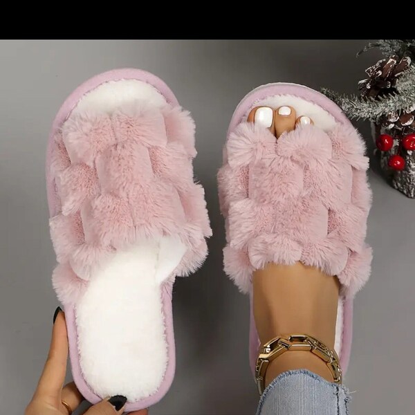 Open Toe Fluffy Home Slippers, Honeycomb Plush Soft Sole Flat Shoes, Women's Indoor Floor Slippers womens size 10.5-11 pink color NEW