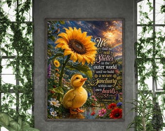 Inspirational Quote Digital Wall Art, Duckling Sunflower Print, Whimsical Sanctuary Meadow Poster