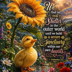 Arte digital para pared con cita inspiradora, lámina de patito y girasol, póster de pradera con santuario caprichoso