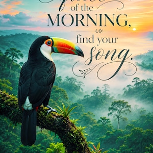 Arte digital para pared: Amanecer en la selva tropical con tucanes, cita matutina tropical, imprimible en PDF y JPEG.
