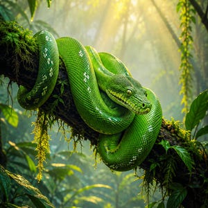 Arte digital para pared sobre la selva tropical con pitón arborícola verde, póster de serpientes de la jungla imprimible en PDF y JPEG imagen 3