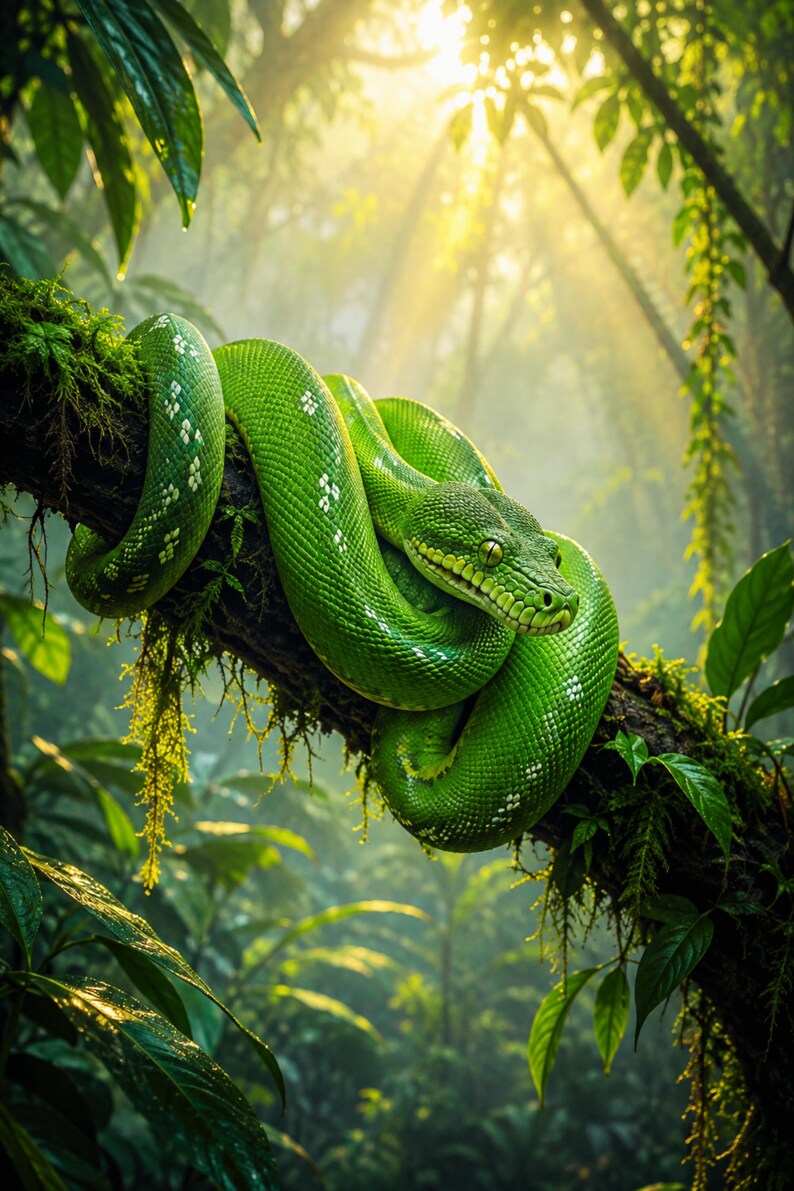 Arte digital para pared sobre la selva tropical con pitón arborícola verde, póster de serpientes de la jungla imprimible en PDF y JPEG imagen 3