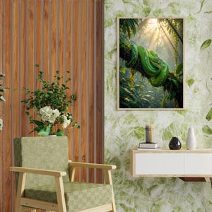 Arte digital para pared sobre la selva tropical con pitón arborícola verde, póster de serpientes de la jungla imprimible en PDF y JPEG imagen 4