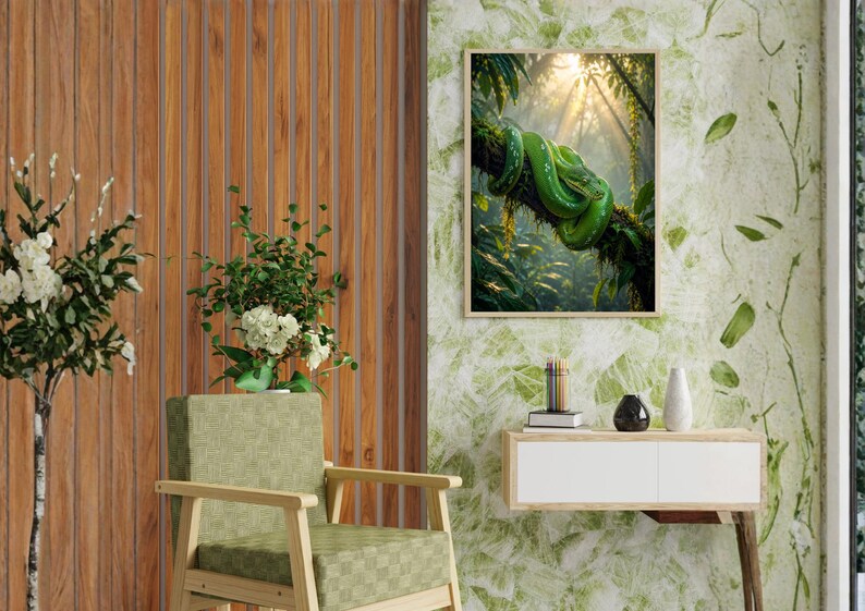 Arte digital para pared sobre la selva tropical con pitón arborícola verde, póster de serpientes de la jungla imprimible en PDF y JPEG imagen 4