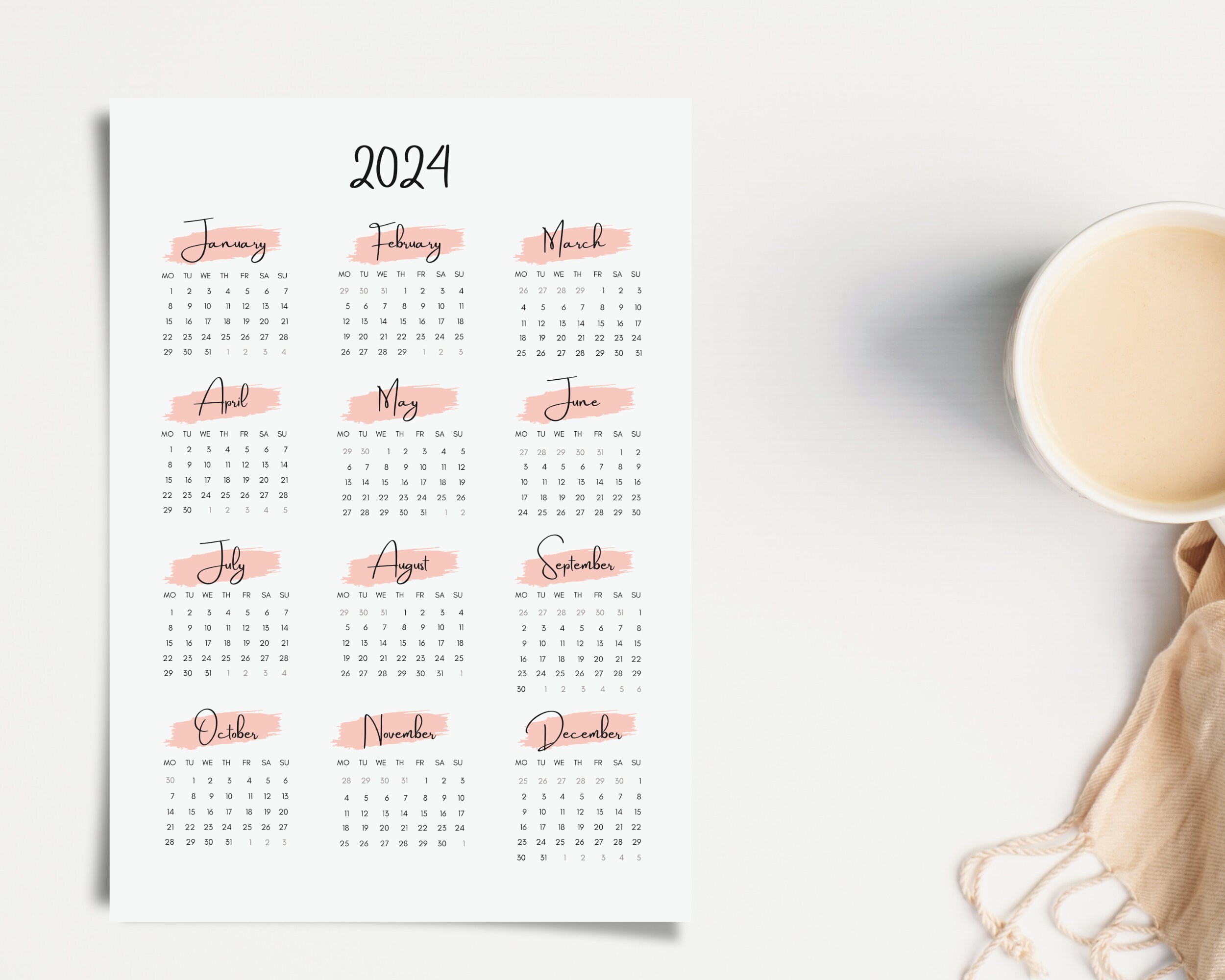 Printable Calendar 2024 Year at A Glance Yearly Calendar Etsy