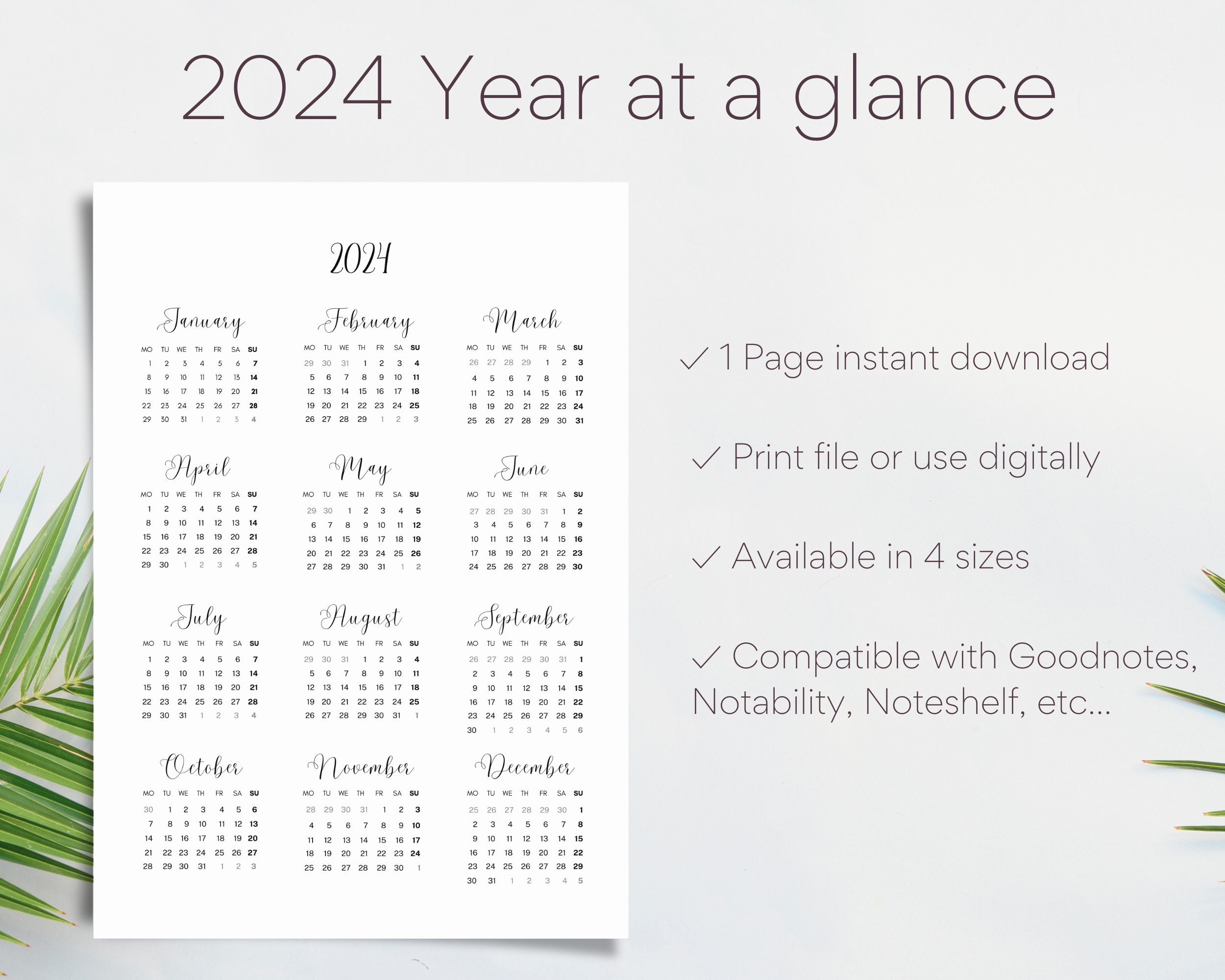 2025 Printable Calendar Year at A Glance Minimalist Calendar Simple