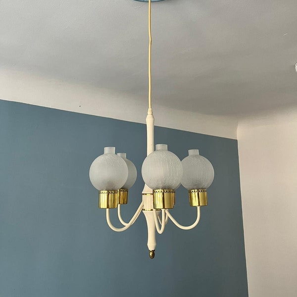 Mid Century Modern Chandelier by Hans Agne Jakobsson for Markaryd/Vintage White Goldene Hanging Lamp/MCM Modern Lighting/Design Ceiling Lamp