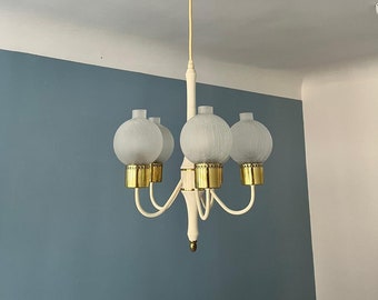 Mid Century Modern Chandelier by Hans Agne Jakobsson for Markaryd/Vintage White Golden Hanging Lamp/MCM Modern Lighting/Design Ceiling Lamp