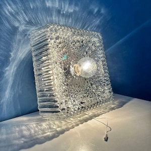May include: A square, clear glass ceiling light fixture with a textured, bubble-like design. The light is on and illuminates the room.