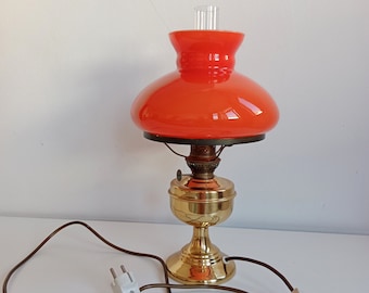 Space Age Gold Lacquered Metal Table Lamp with Red Opal Glass Shade/Mid Century Red Glass Metal Table Lamp/Vintage Table Lamp/MCM Desk Lamp