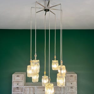 Vintage Glass Pendant Ceiling Light, Hillebrand, Germany,70s/Cascade Hanging Lamp/Ice Glass Chandelier/Frosted Glass Chandelier