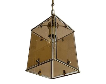 Mid Century Cut Smoky Glass and Gilt Brass Pendant Lantern/Vintage Glass Brass Ceiling Light/MCM Modern Lighting/MCM Lantern