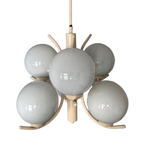 Molecular Satellite Chandelier with 6 White Opal Glass Globes/Mid Century Modern Light/Vintage Metal White Glass Globes Pendant Lamp/70s