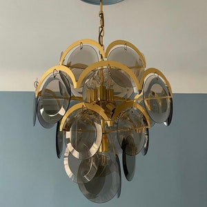 Large Italian Brass & Smoked Glass Chandelier from Vistosi,1960s/Mid Century Modern Light/Designer Chandelier/Hollywood Ragency Chandelier