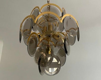 Large Italian Brass & Smoked Glass Chandelier from Vistosi,1960s/Mid Century Modern Light/Designer Chandelier/Hollywood Regency Chandelier