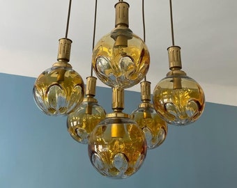 Murano Glass Chandelier,Doria Leuchten/Murano Glass Globe Pendant Lamp/Mid Century Modern Light/Brass and Glass Light/Cascading Hanging Lamp