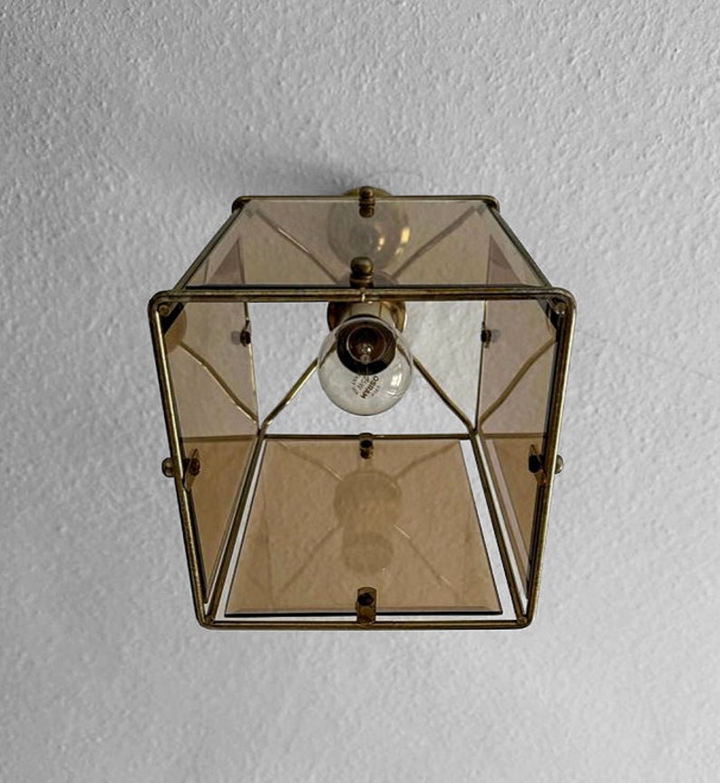 Mid Century Cut Smoky Glass and Gilt Brass Pendant Lantern/vintage ...
