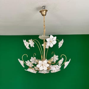 Vintage Murano Glass Chandelier/Murano Flower Chandelier/Mid Century Murano White Ceiling Light/Flower Light Fixture/Hollywood Regency