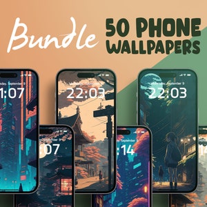 Könnte beinhalten: Eine Sammlung von 50 Handy-Hintergrundbildern mit verschiedenen farbenfrohen und stilisierten Stadtlandschaften. Die Hintergrundbilder zeigen verschiedene Tageszeiten und enthalten Text, der "Mittwoch, 9. September" und "11:07", "22:03" und "14" lautet.