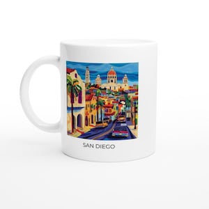 Tasse de San Diego | Californie du Sud, Côte du Pacifique, Illustration colorée, 11 oz, Va au lave-vaisselle
