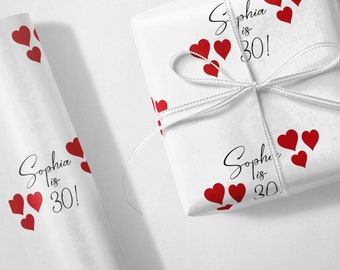Personalized Milestone Birthday Wrapping Paper: Hearts Design