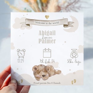 Personalisierte Neue Baby Geburt Stats Teddybär Beige Rosa oder Blau